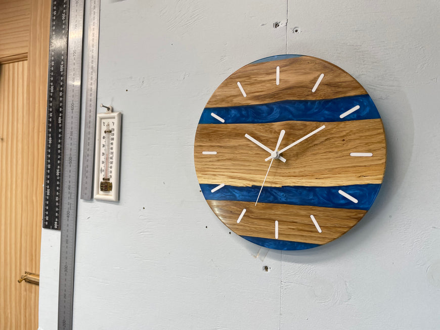 English Oak and Sapphire Blue Pearlescent Resin Wall Clock