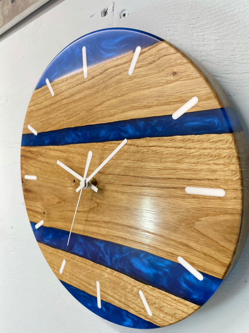 English Oak and Sapphire Blue Pearlescent Resin Wall Clock