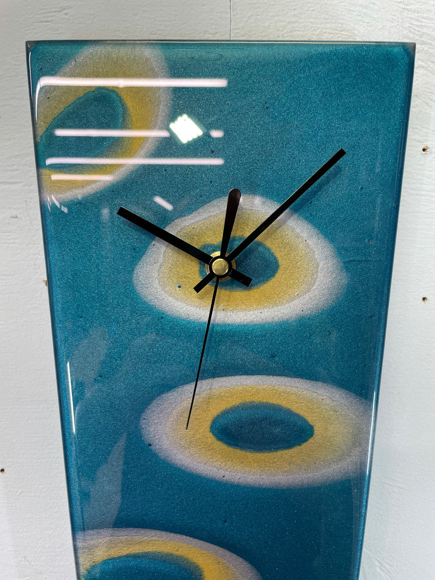 Narrow Turquoise Silver and Gold Abstract Resin Wall Clock