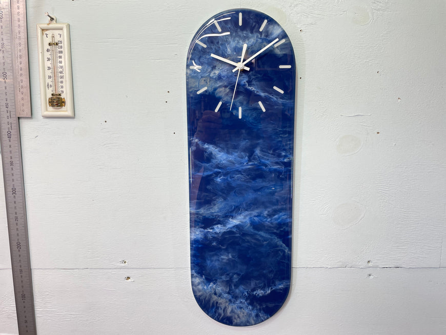 Narrow Navy Blue White Grey and Copper Abstract Resin Wall Clock