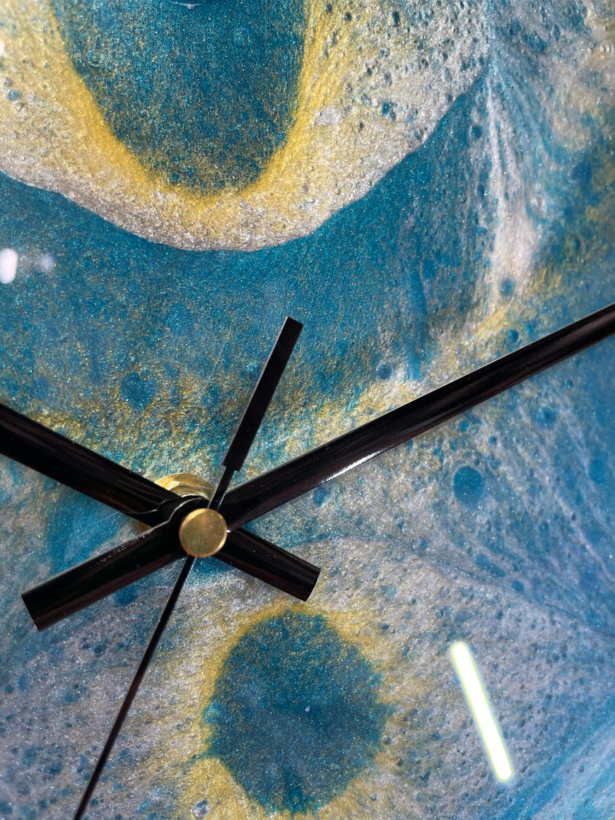 33cm Turquoise Silver and Gold Abstract Modern Resin Wall Clock