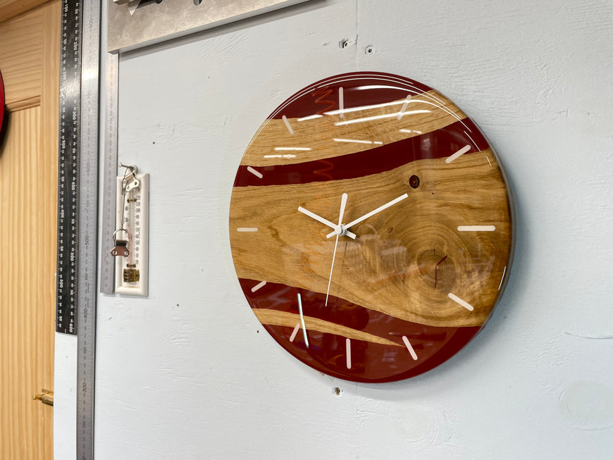 English Oak and Maroon Resin Wall Clock