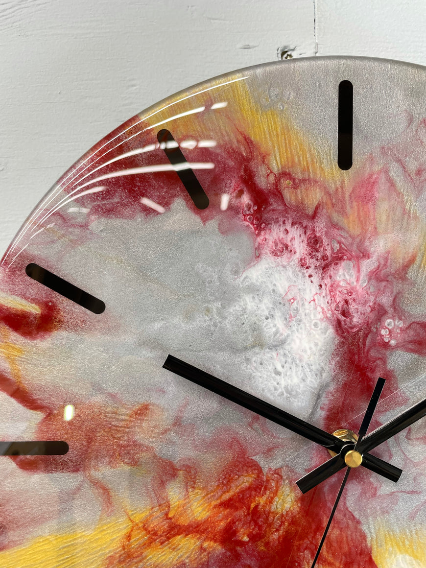 33cm Metallic Silver Maroon and Gold Abstract Modern Resin Wall Clock