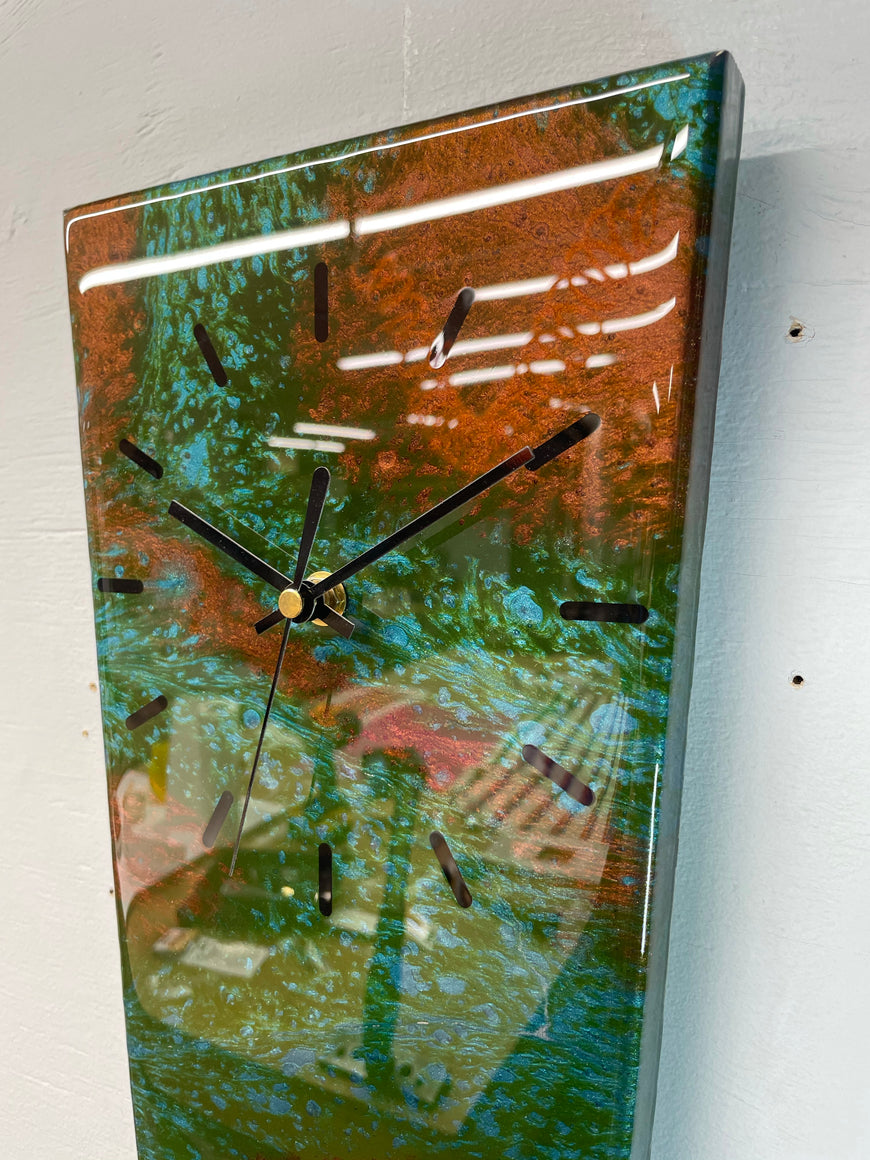 70cm Long Narrow Turquoise Green and Copper Abstract Resin Wall Clock