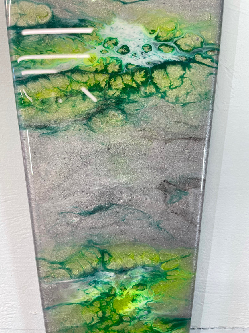 Narrow Metallic Silver and Green Abstract Resin Wall Clock