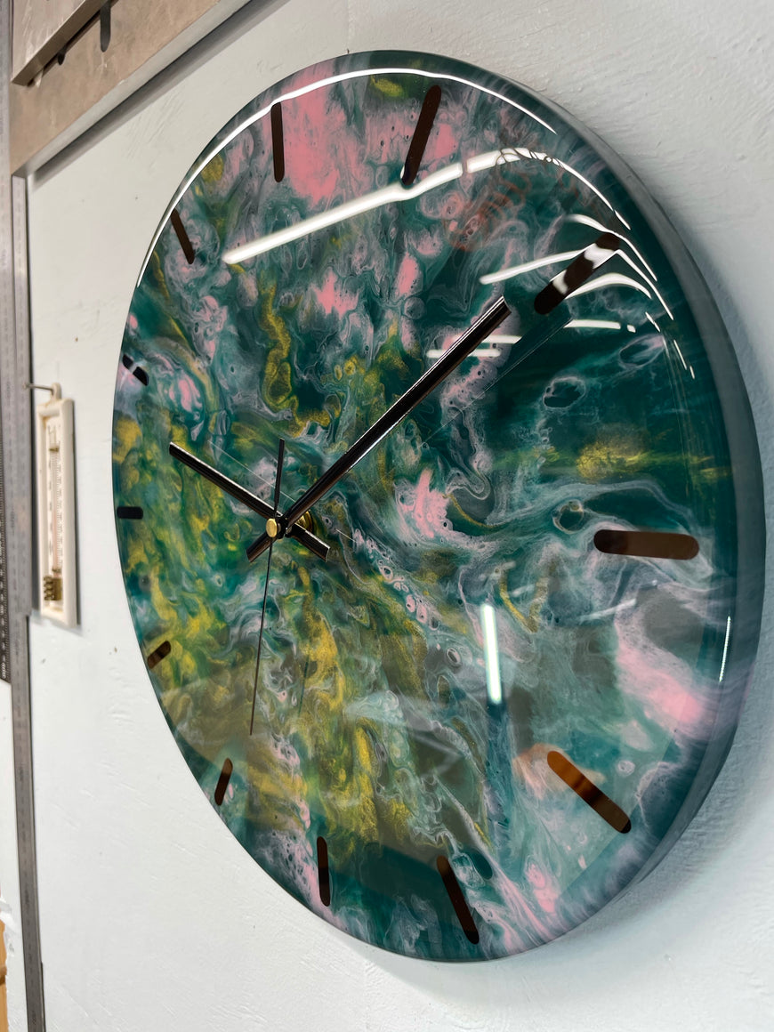 33cm Dark Green Pink and Gold Abstract Modern Resin Wall Clock