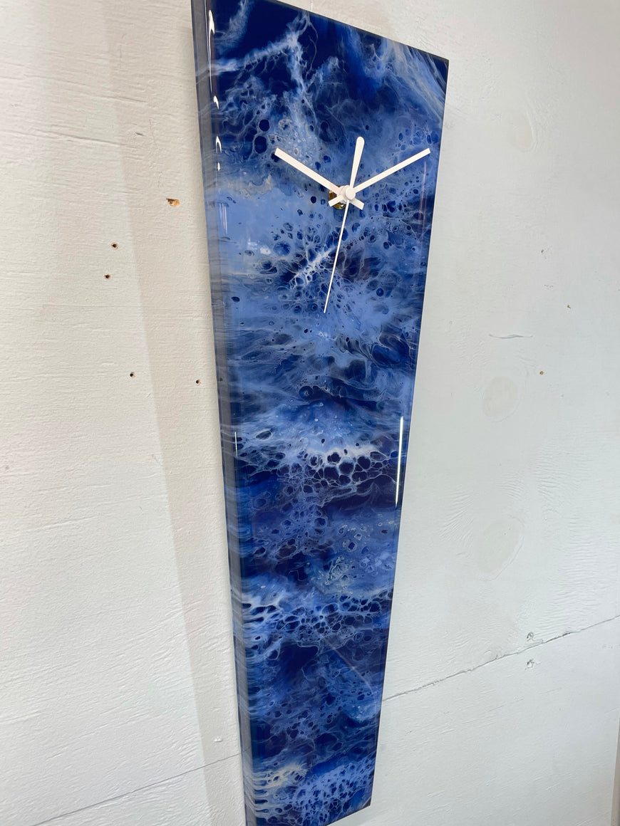 Narrow Navy Blue Baby Blue and White Abstract Resin Wall Clock