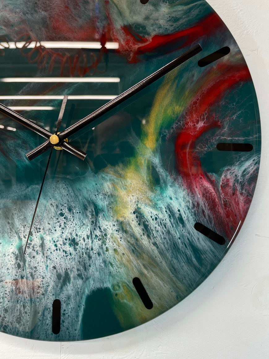 33cm Dark Green Maroon and Gold Abstract Modern Resin Wall Clock