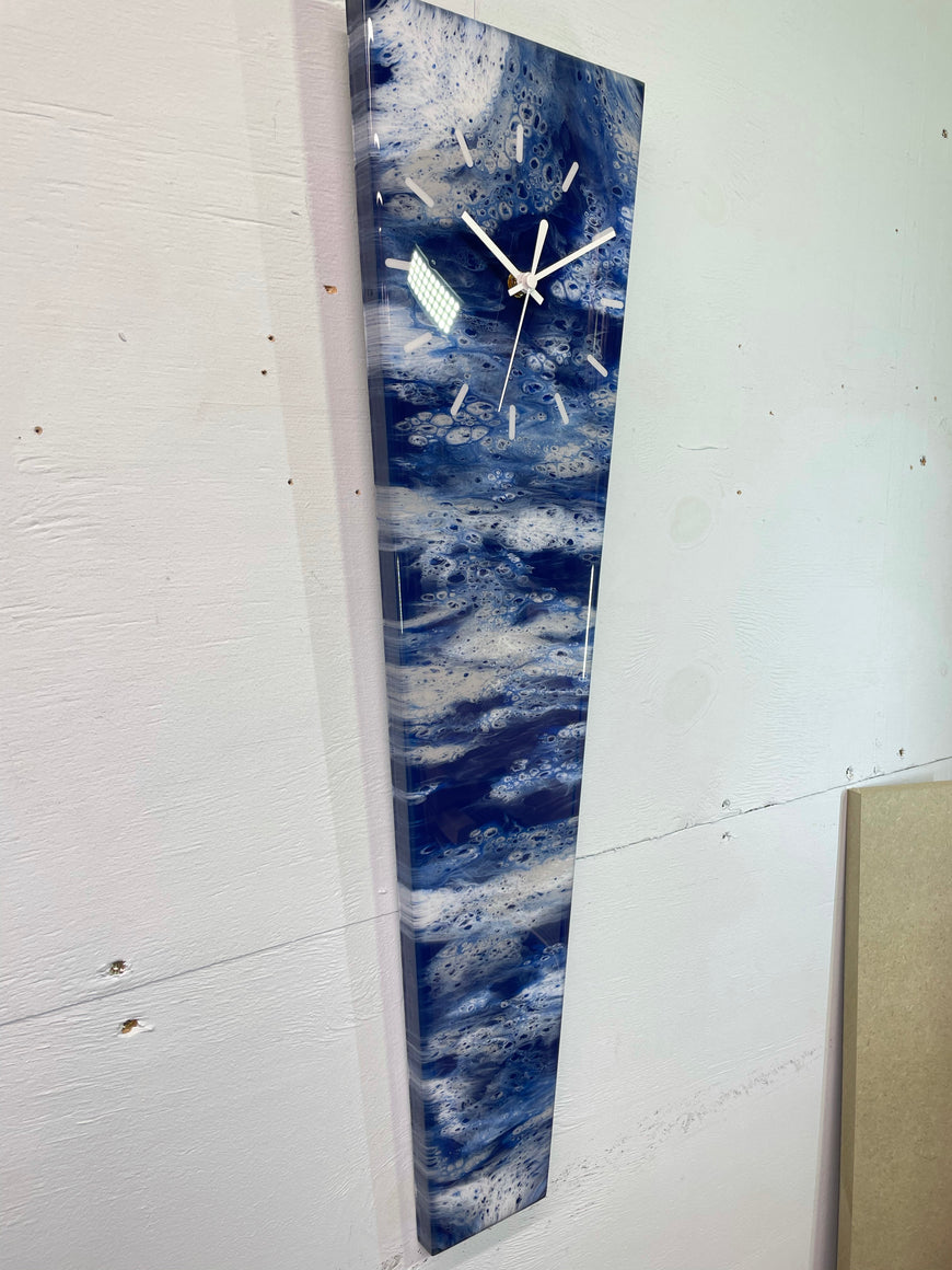 70cm Long Narrow Navy Blue White and Grey Abstract Resin Wall Clock