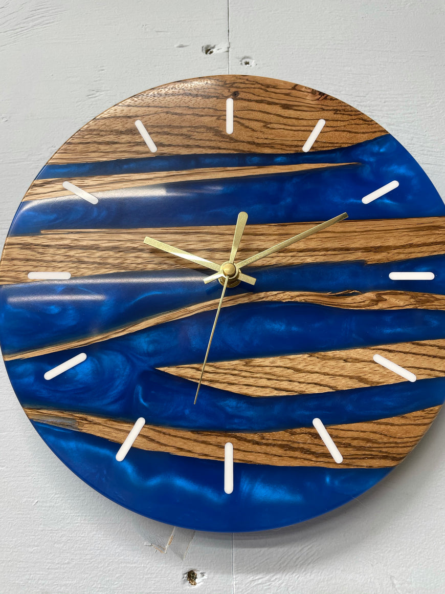 Zebra wood and Sapphire Blue Pearlescent Resin Wall Clock