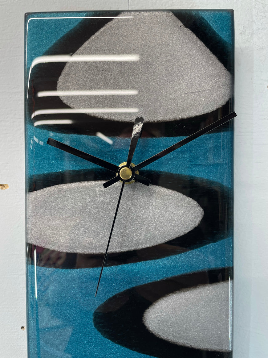 Narrow Turquoise Silver & Black Rectangular Abstract Resin Wall Clock