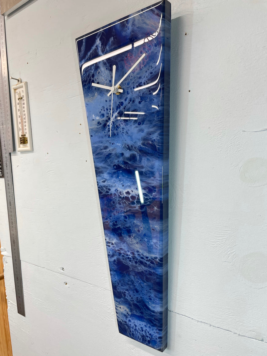 Narrow Navy Blue Baby Blue and White Abstract Resin Wall Clock