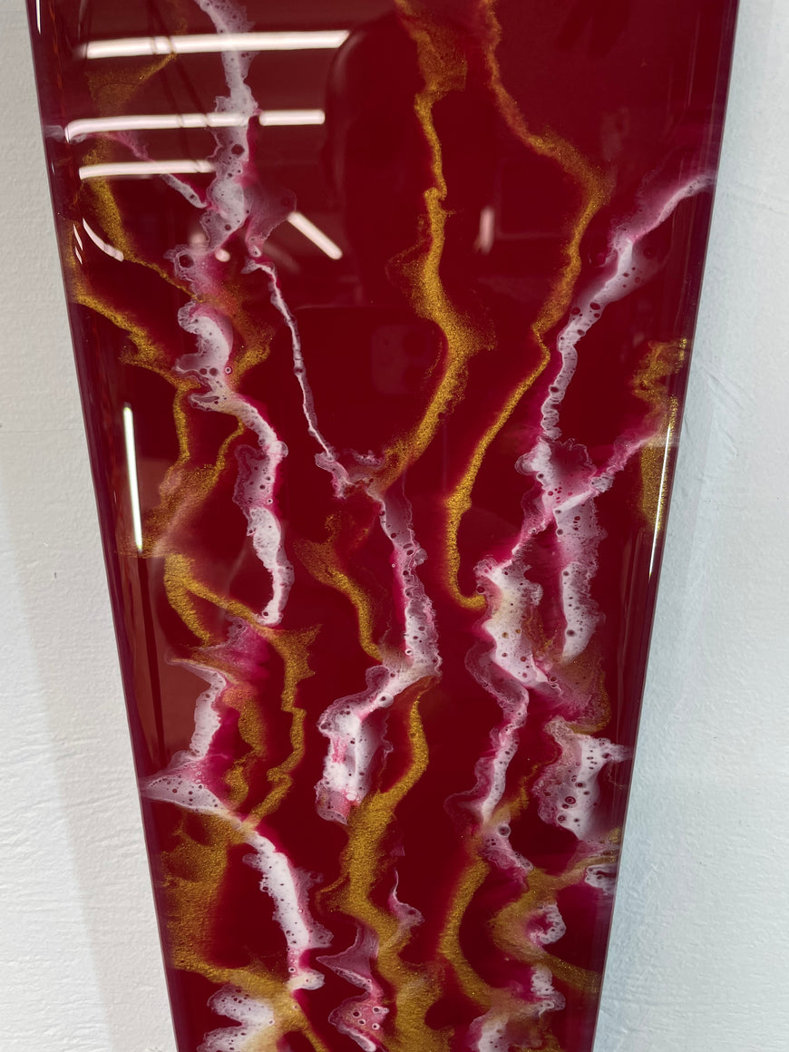 Narrow Dark Red Maroon White and Gold Abstract Resin Wall Clock