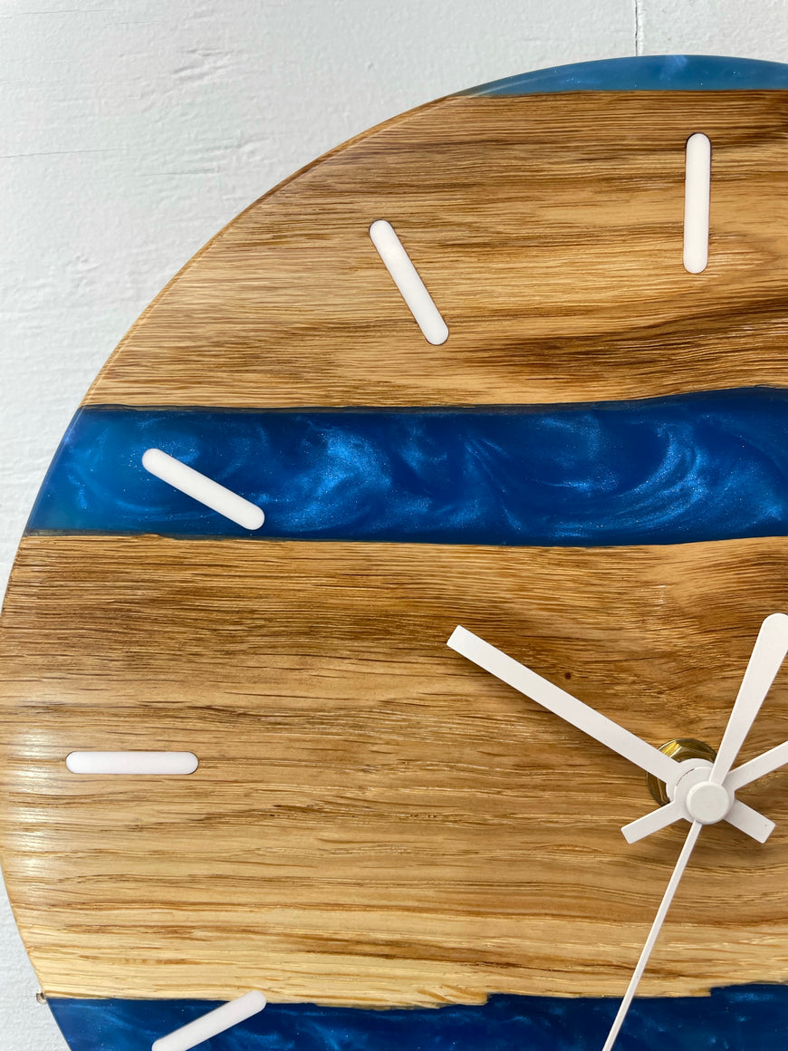 English Oak and Sapphire Blue Pearlescent Resin Wall Clock