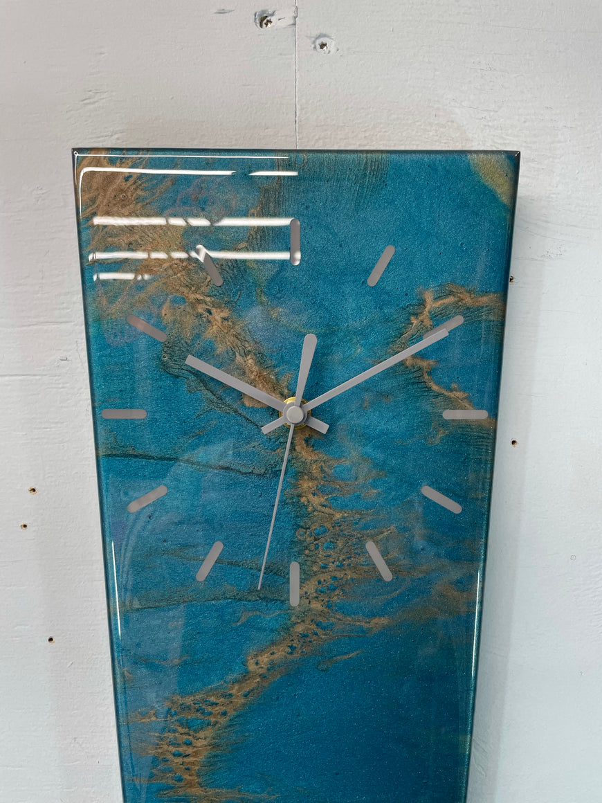 70cm Long Narrow Turquoise And Copper Abstract Resin Wall Clock