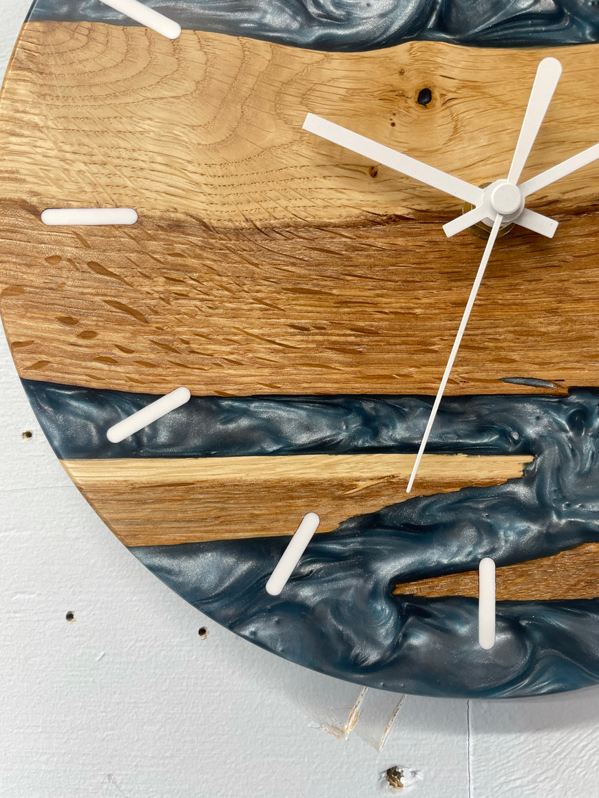 English Oak and Metallic Blue Pearlescent Resin Wall Clock