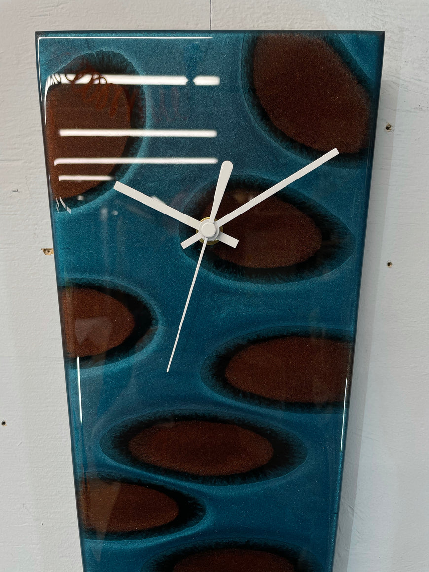 Narrow Turquoise Black and Copper Abstract Resin Wall Clock