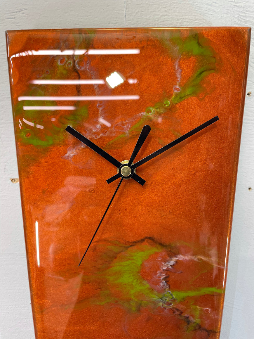 Narrow Copper and Moss Green Abstract Resin Wall Clock