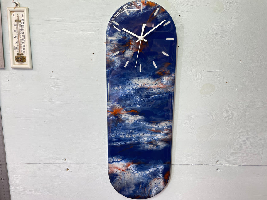 Narrow Navy Blue White Grey and Copper Abstract Resin Wall Clock