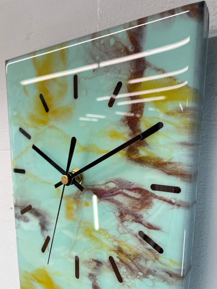 70cm Long Narrow Mint Green and Brown Abstract Resin Wall Clock