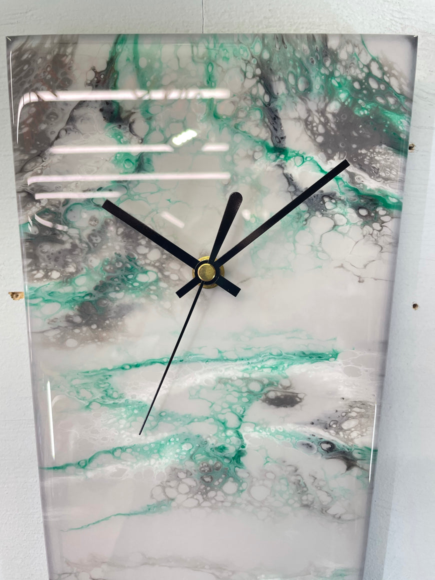 Long Grey Emerald Green and Black Abstract Resin Wall Clock