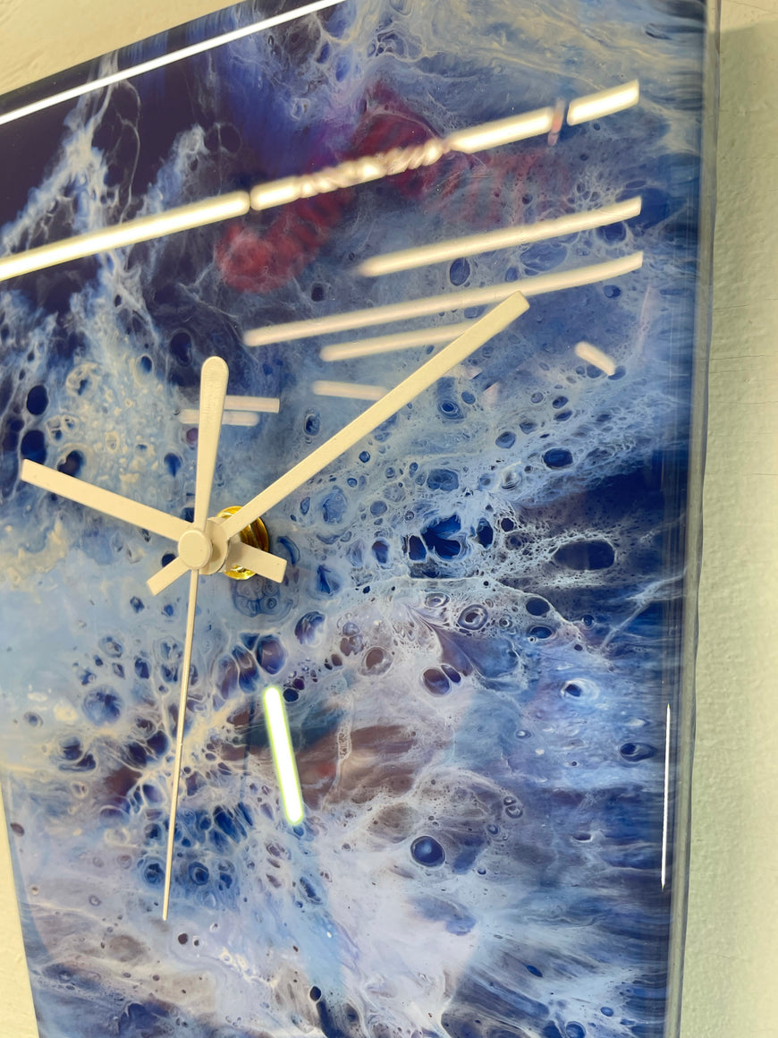 Narrow Navy Blue Baby Blue and White Abstract Resin Wall Clock