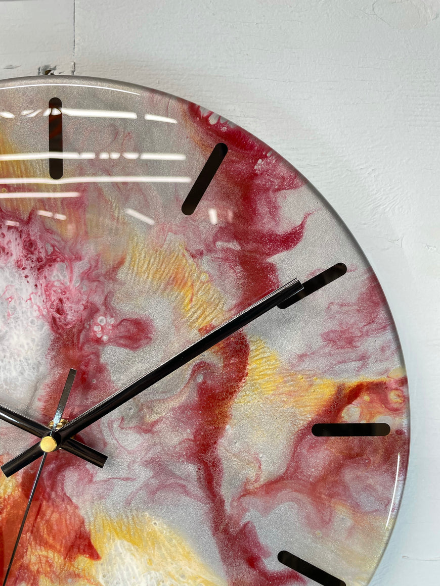 33cm Metallic Silver Maroon and Gold Abstract Modern Resin Wall Clock