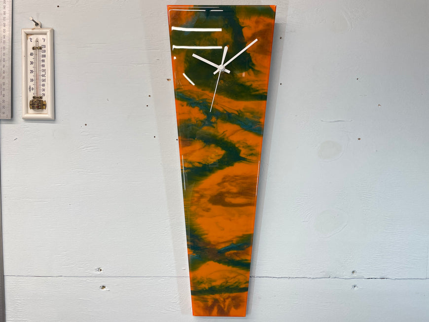 Narrow Burnt Orange Emerald Green and Copper Abstract Resin Wall Clock