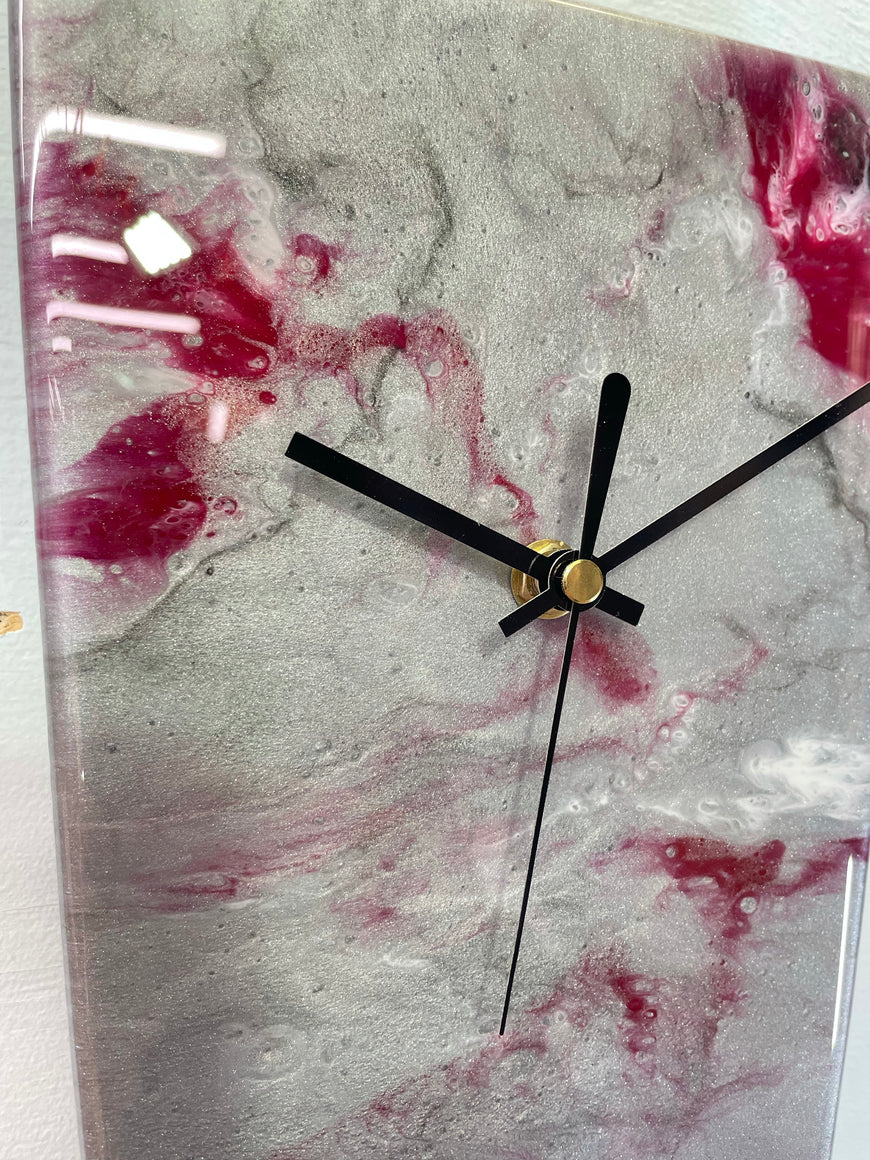 Narrow Silver and Blood Red Abstract Resin Wall Clock