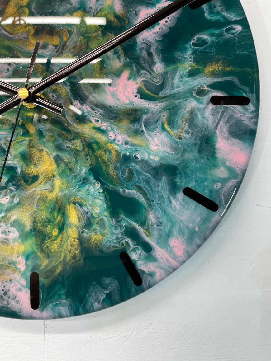 33cm Dark Green Pink and Gold Abstract Modern Resin Wall Clock