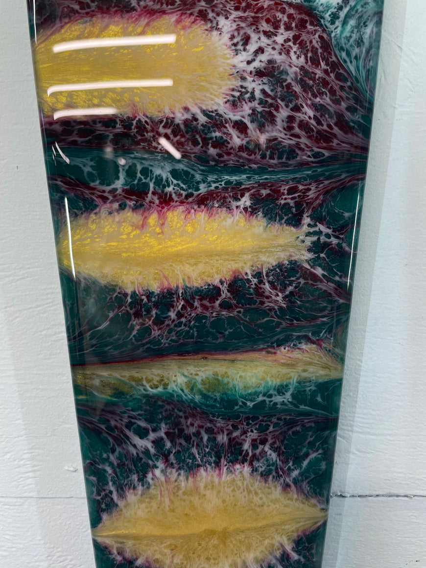 Narrow Emerald Green maroon Gold and White Abstract Resin Wall Clock