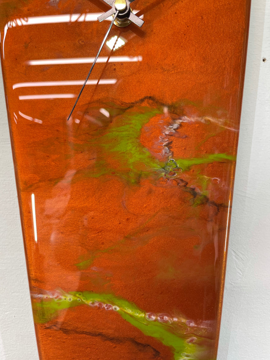 Narrow Copper and Moss Green Abstract Resin Wall Clock