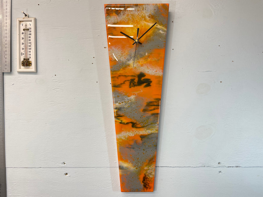 Narrow Burnt Orange Ivory Grey and Black Abstract Resin Wall Clock