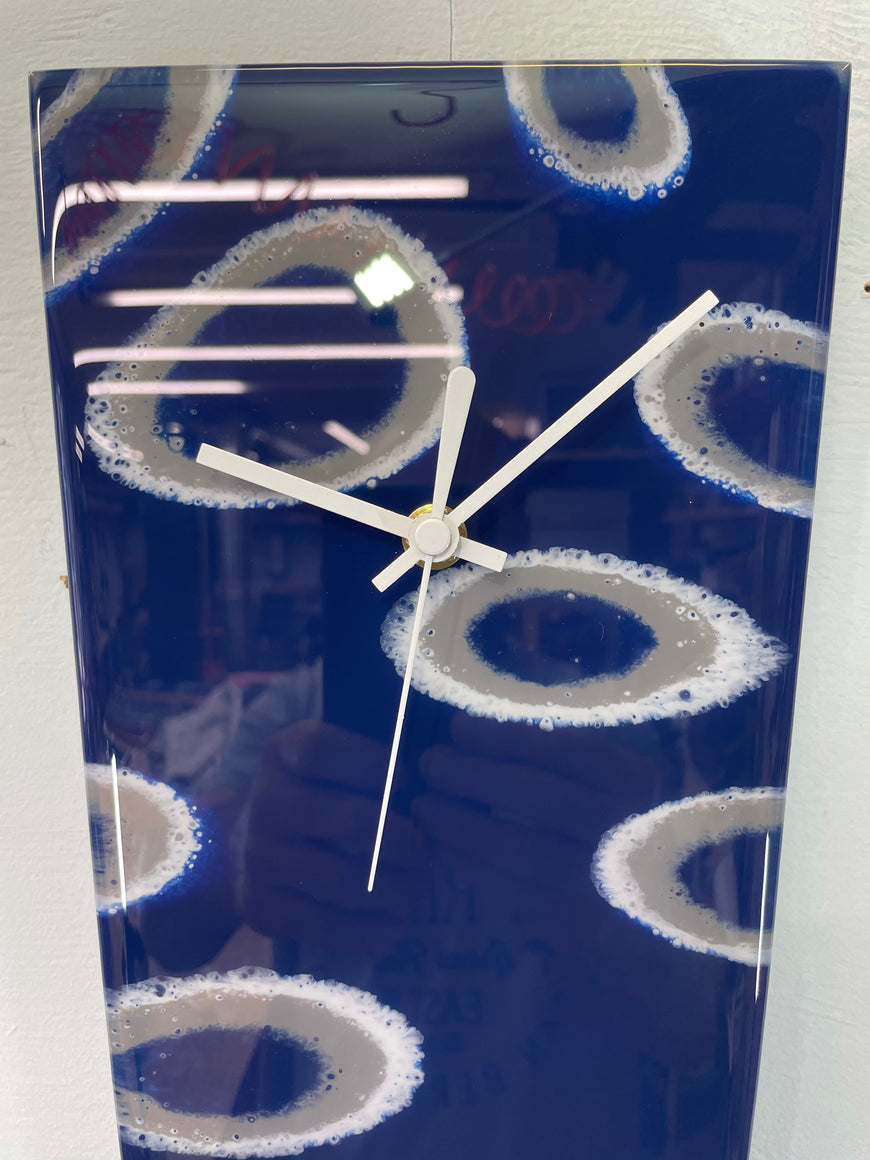 Narrow Navy Blue Grey and White Abstract Resin Wall Clock