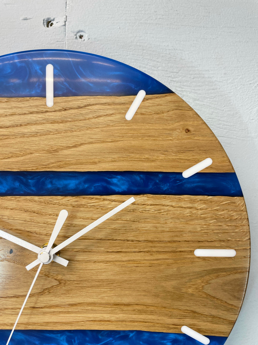 English Oak and Sapphire Blue Pearlescent Resin Wall Clock