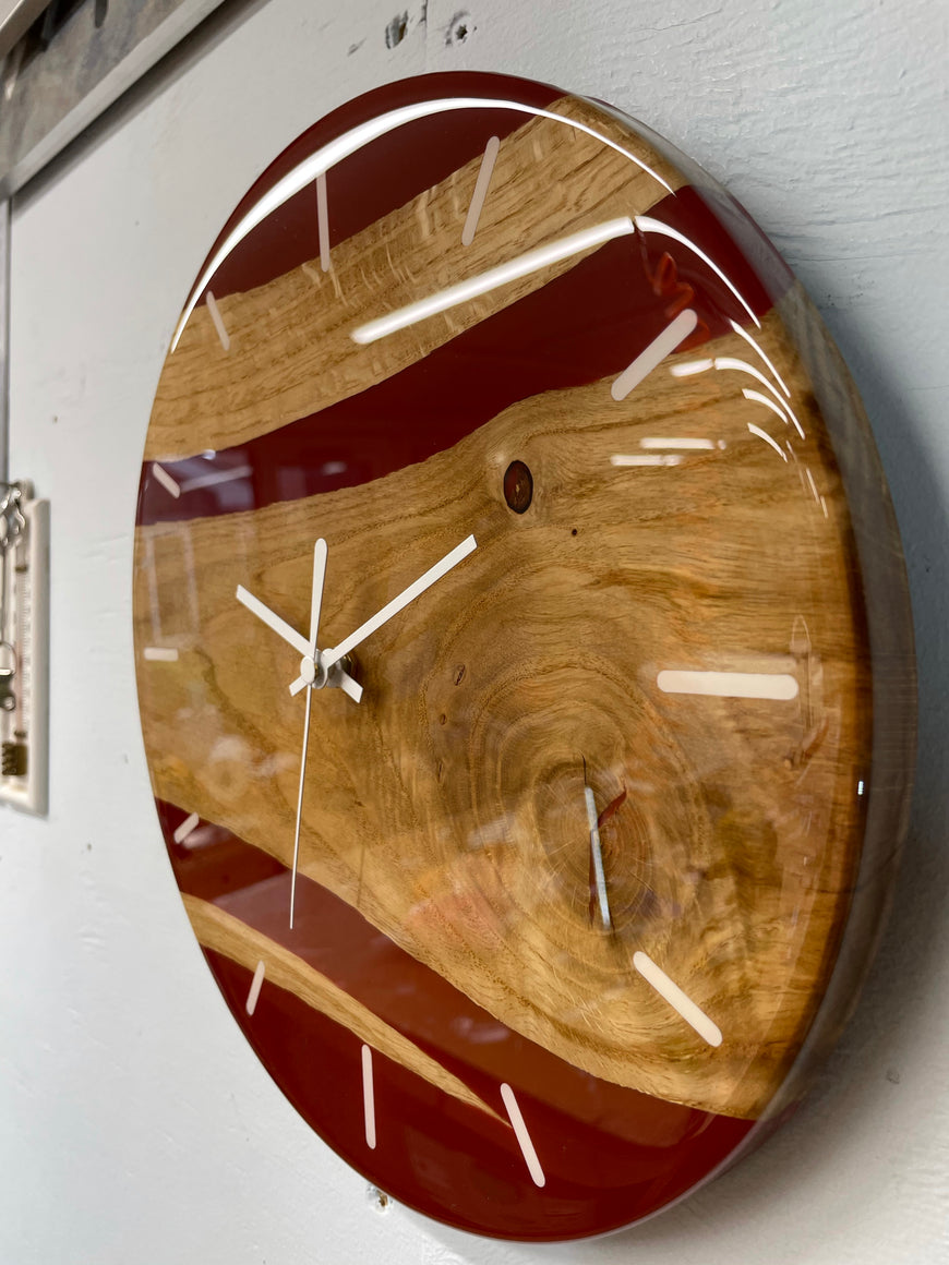 English Oak and Maroon Resin Wall Clock