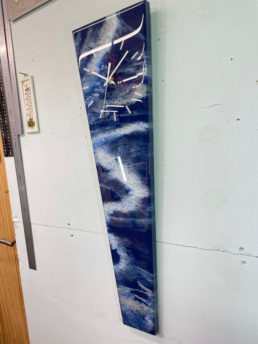 70cm Long Narrow Navy Blue White and Grey Abstract Resin Wall Clock