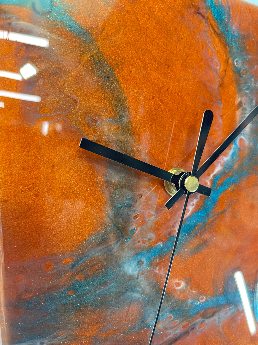 Long Copper Turquoise and White Abstract Resin Wall Clock