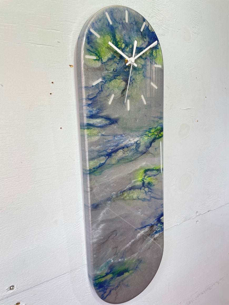 Narrow Metallic Silver Blue and Green Abstract Resin Wall Clock