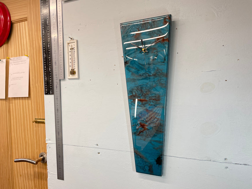 Narrow Turquoise and Copper Abstract Resin Wall Clock