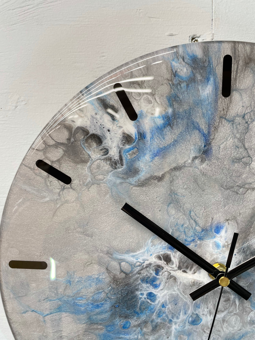 33cm Metallic Silver Blue and Black Abstract Modern Resin Wall Clock