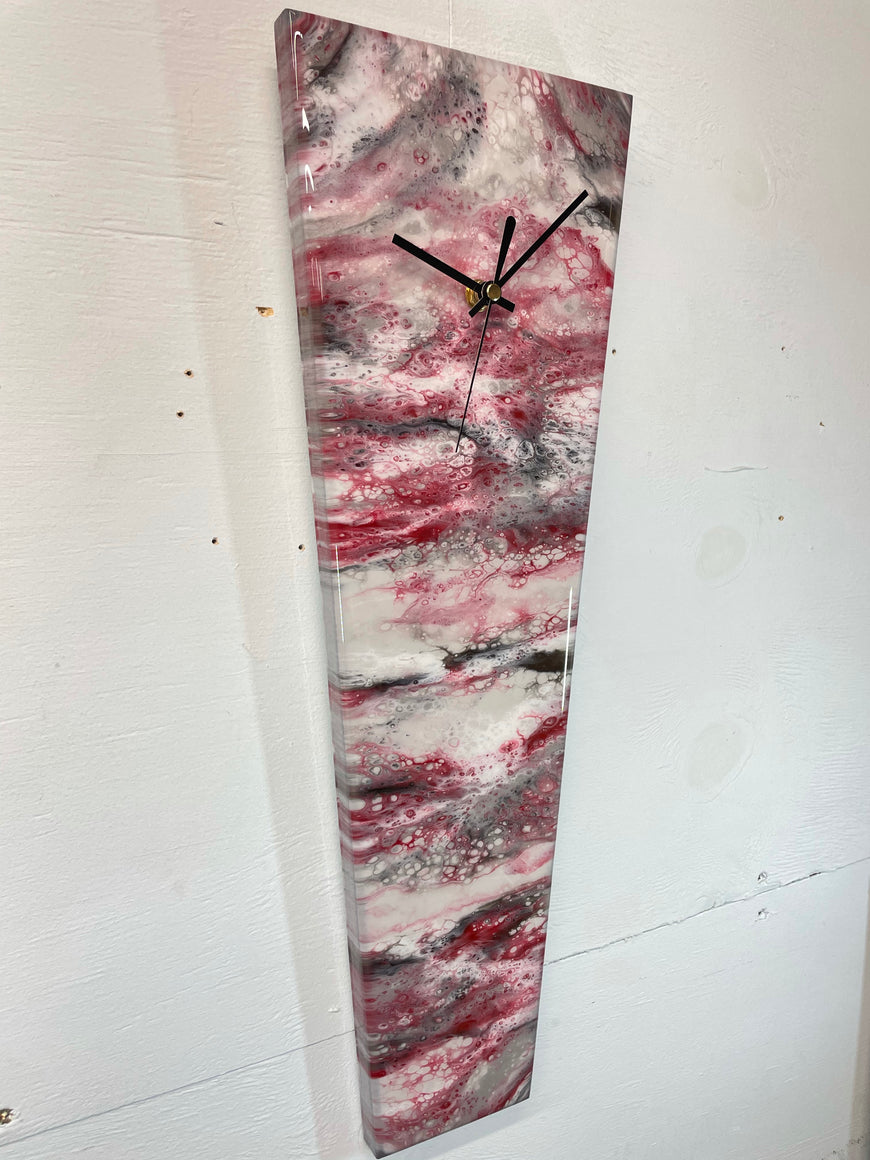 Narrow Grey Blood Red Maroon and White Abstract Resin Wall Clock