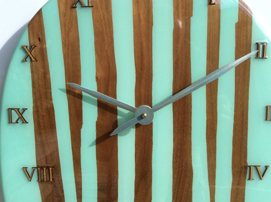 Large Wall Clock, Bespoke Clock, American Black Walnut and Mint Green Resin Clock