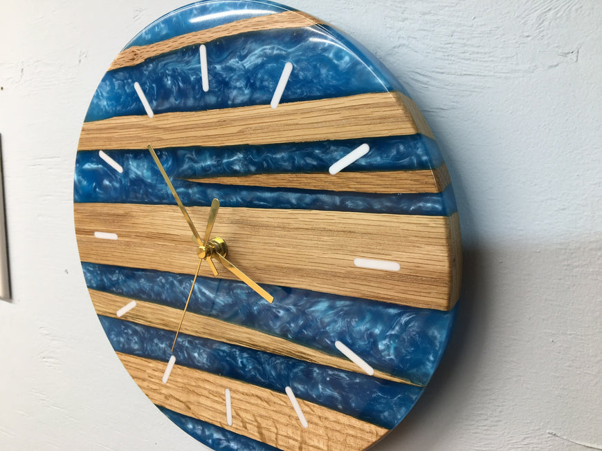 Sky Blue Pearlescent Resin and Red Oak Wall Clock