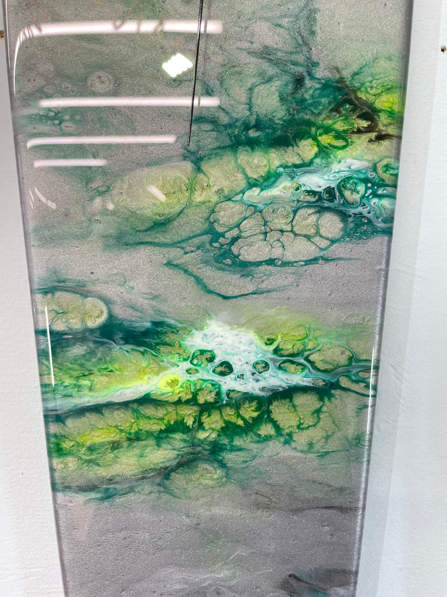 Narrow Metallic Silver and Green Abstract Resin Wall Clock
