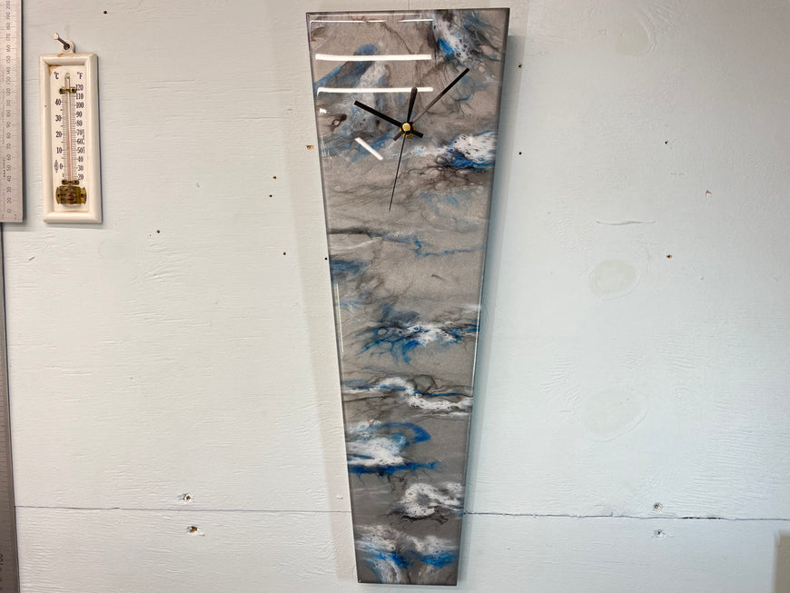 Narrow Metallic Silver Blue Black and White Abstract Resin Wall Clock