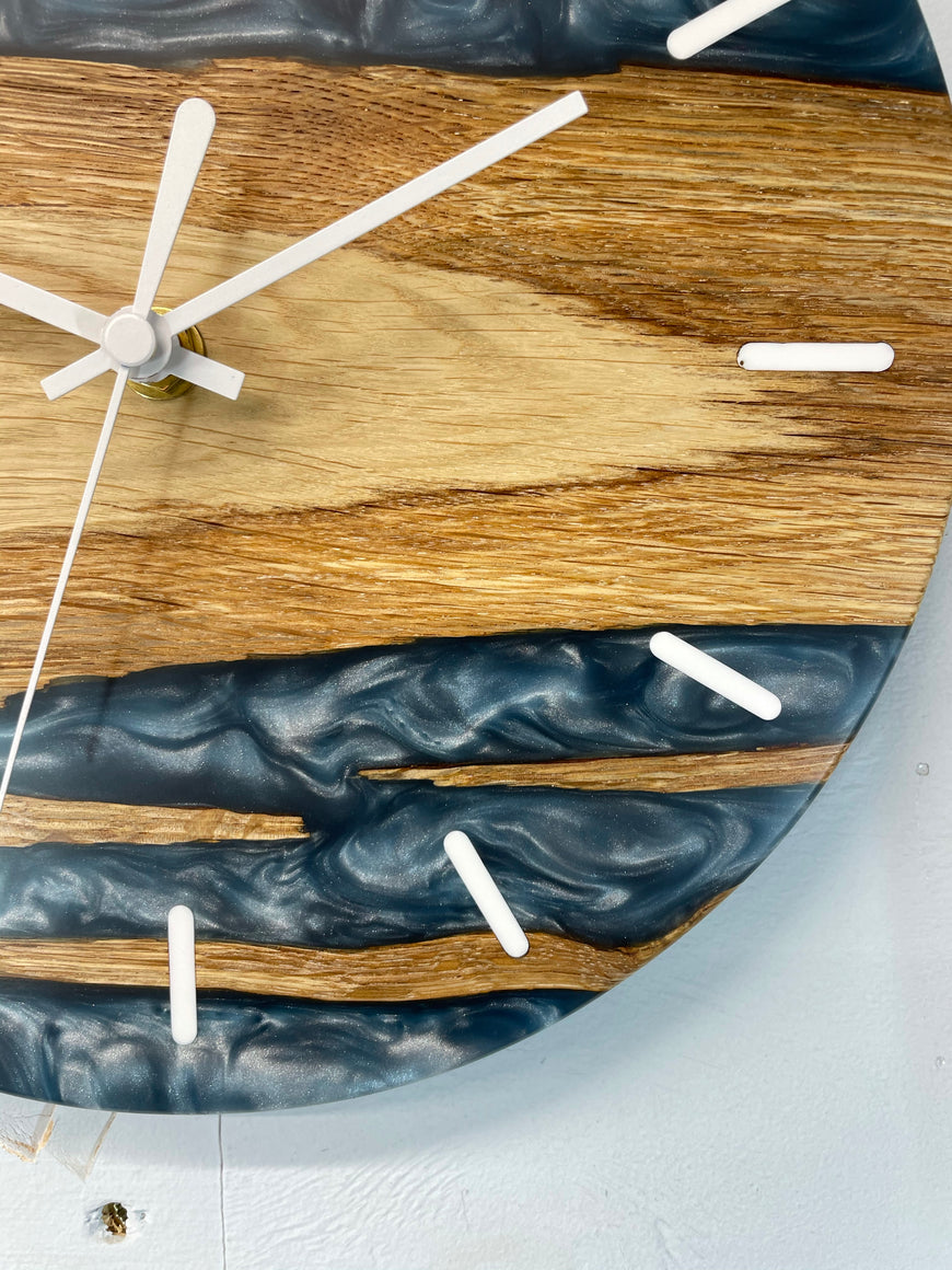 English Oak and Metallic Blue Pearlescent Resin Wall Clock
