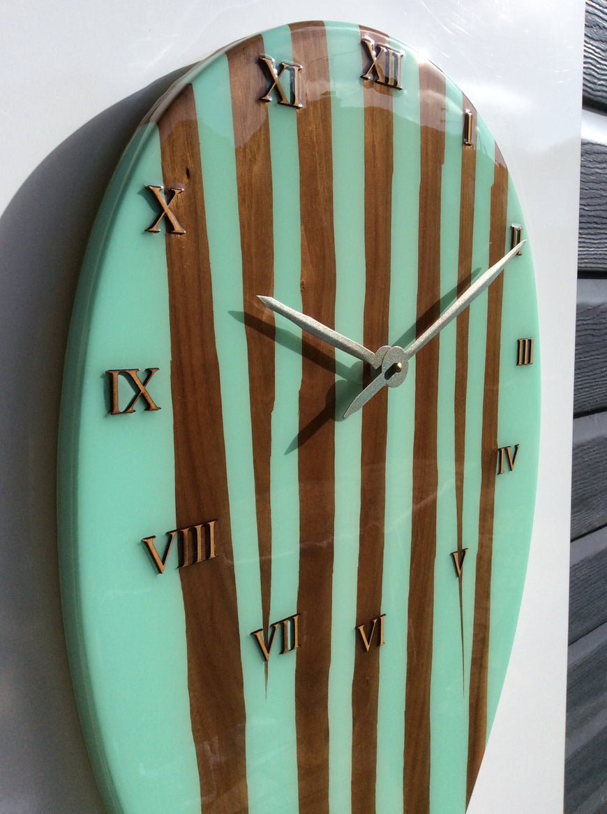 Large Wall Clock, Bespoke Clock, American Black Walnut and Mint Green Resin Clock