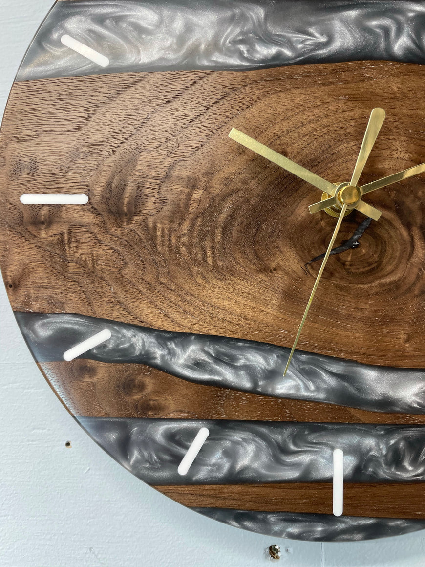 Black Walnut and Metallic Silver Resin Wall Clock