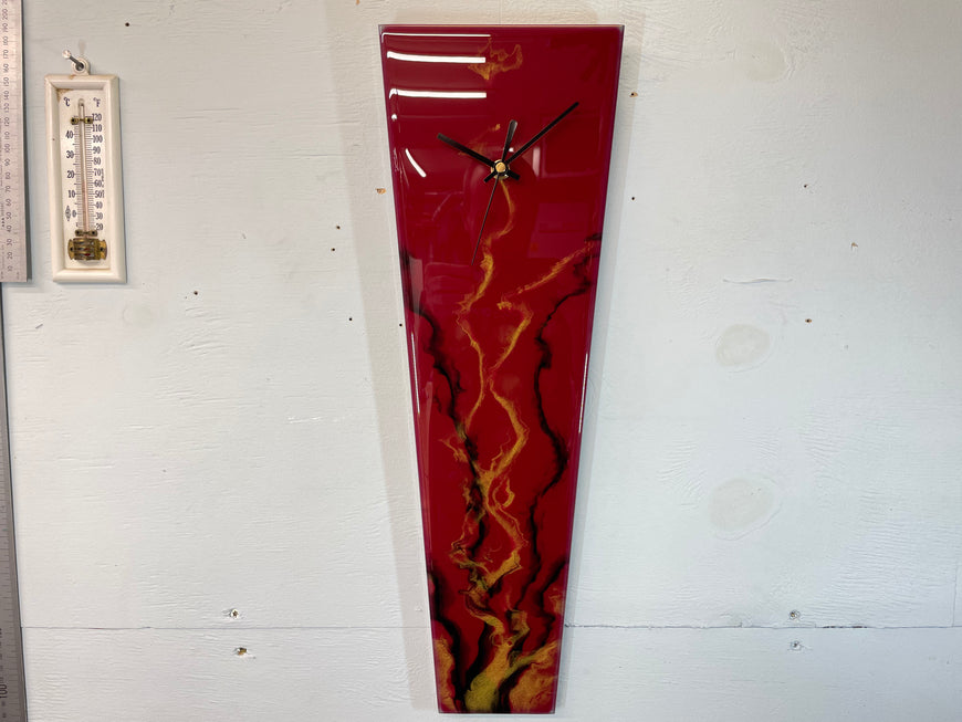 Narrow Dark Red Maroon Black and Gold Abstract Resin Wall Clock